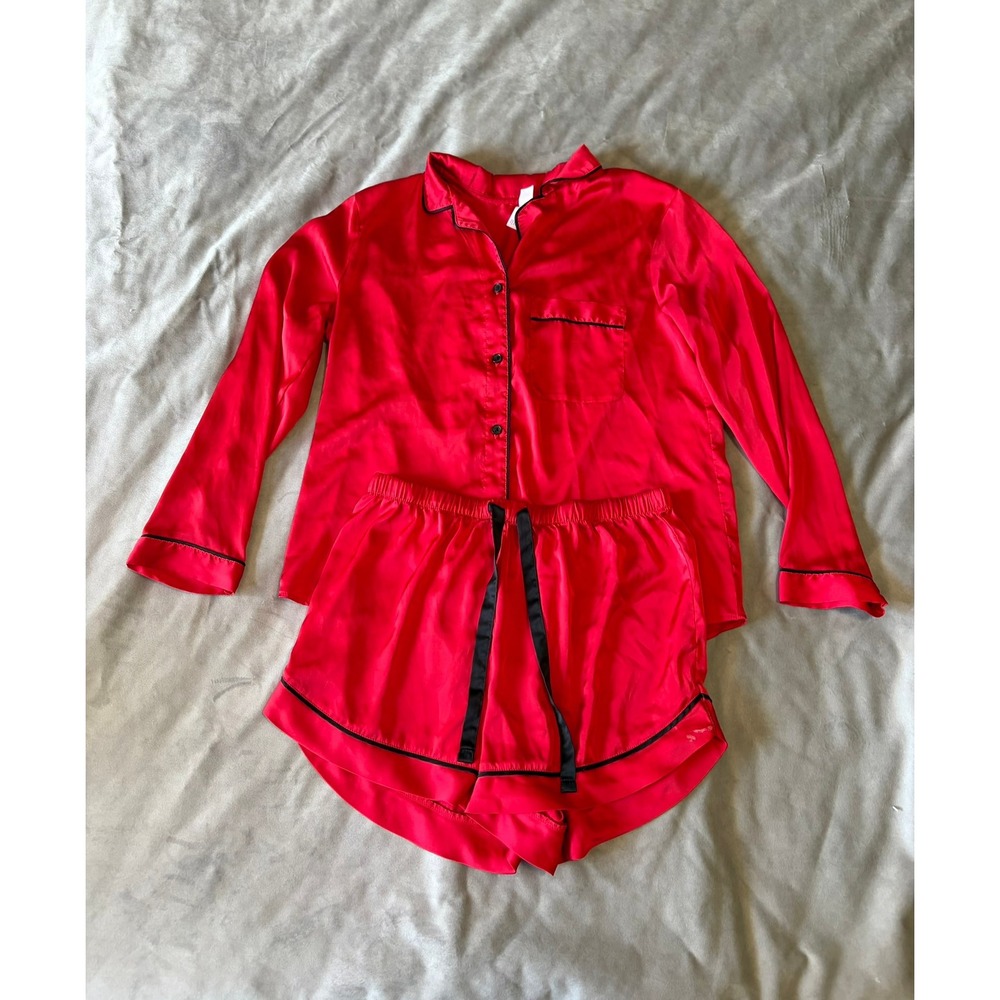 Stars Above Red Satin Pajama Set Long Sleeve Top and Shorts Size M